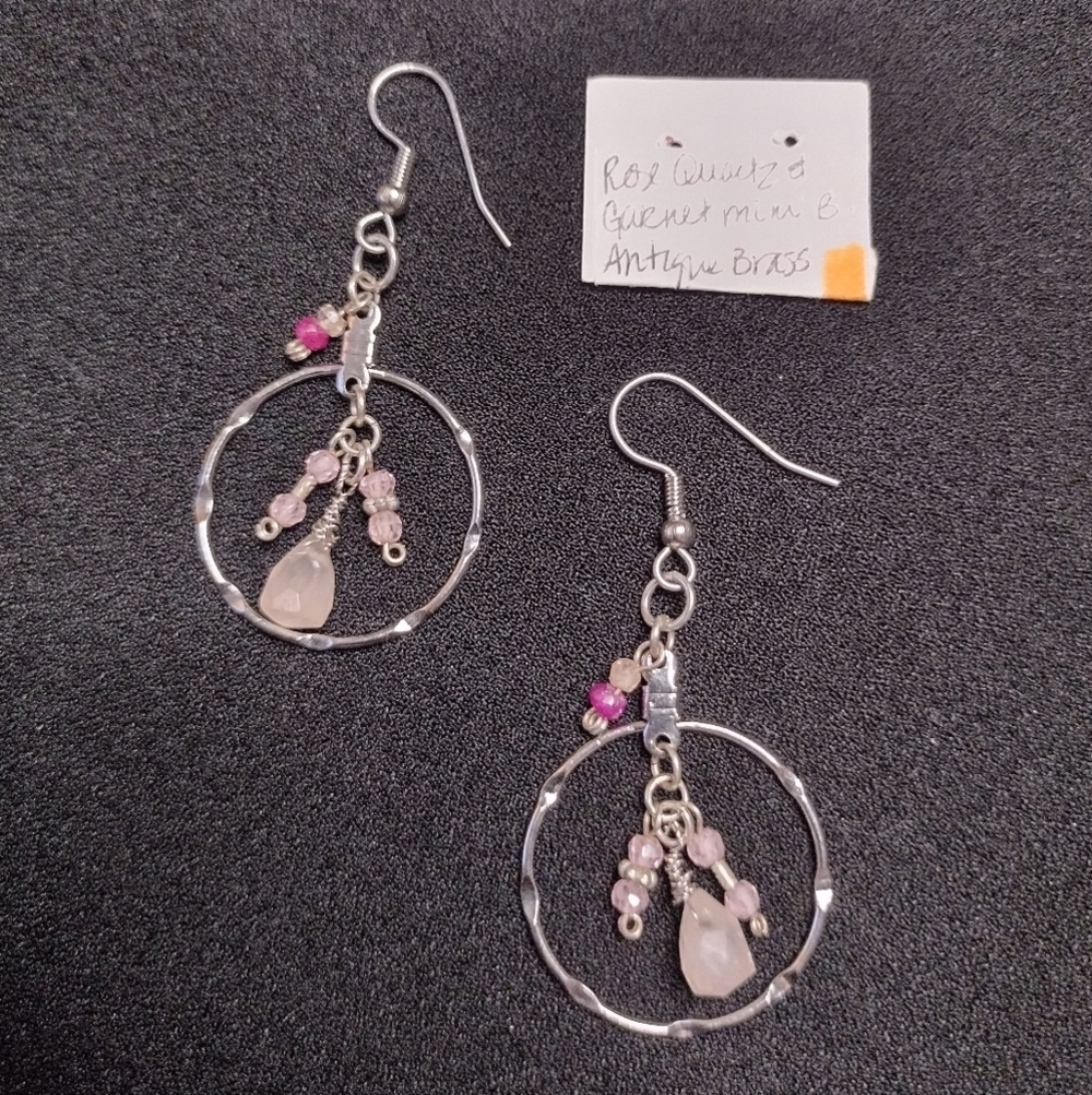 Rose Quartz and Garnet Antique Brass Earrings